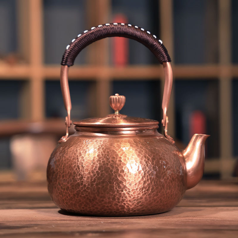 Ceainic din cupru pur pentru fierberea apei și infuzarea ceaiului, capacitate mare, semi-artizanal, stil retro, potrivit pentru plită ceramică electrică
