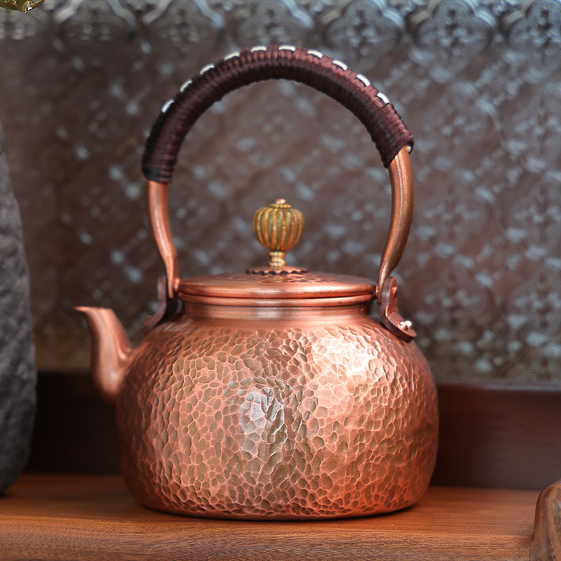 Ceainic din cupru pur pentru fierberea apei și infuzarea ceaiului, capacitate mare, semi-artizanal, stil retro, potrivit pentru plită ceramică electrică