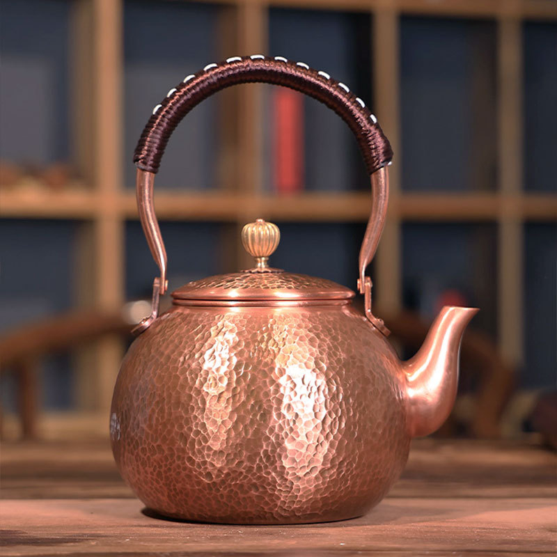 Ceainic din cupru pur pentru fierberea apei și infuzarea ceaiului, capacitate mare, semi-artizanal, stil retro, potrivit pentru plită ceramică electrică