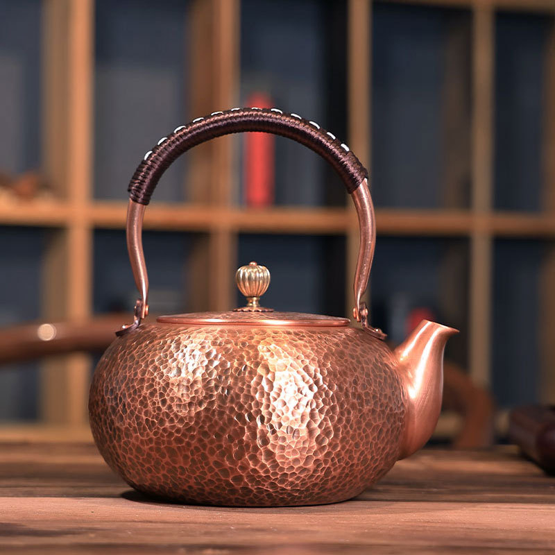 Ceainic din cupru pur pentru fierberea apei și infuzarea ceaiului, capacitate mare, semi-artizanal, stil retro, potrivit pentru plită ceramică electrică