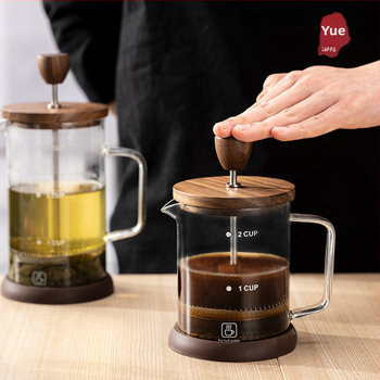 Cafetieră franțuzească cu capac din lemn de nuc, corp din borosilicat de înaltă calitate, set filtru pentru ceai turnat
