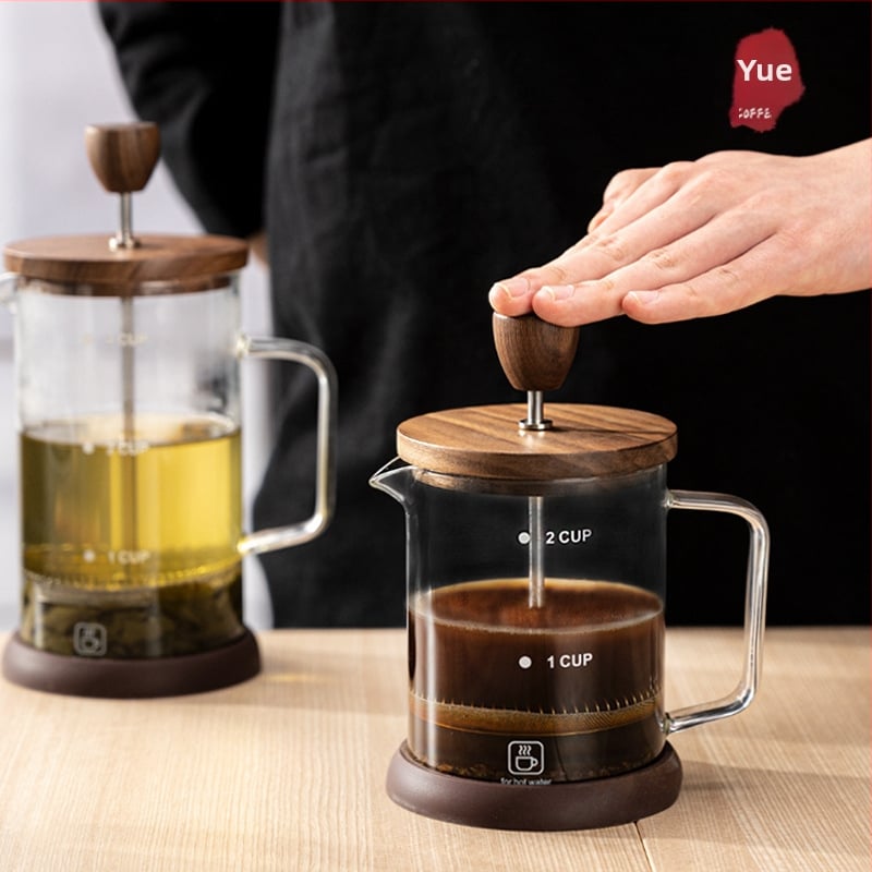 Cafetieră franțuzească cu capac din lemn de nuc, corp din borosilicat de înaltă calitate, set filtru pentru ceai turnat