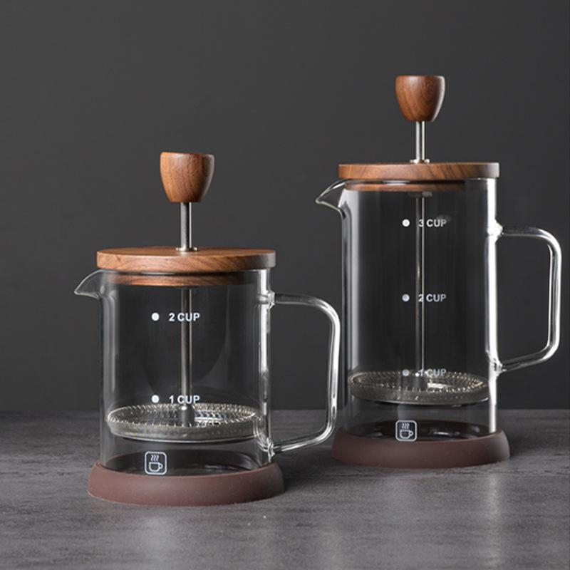 Cafetieră franțuzească cu capac din lemn de nuc, corp din borosilicat de înaltă calitate, set filtru pentru ceai turnat