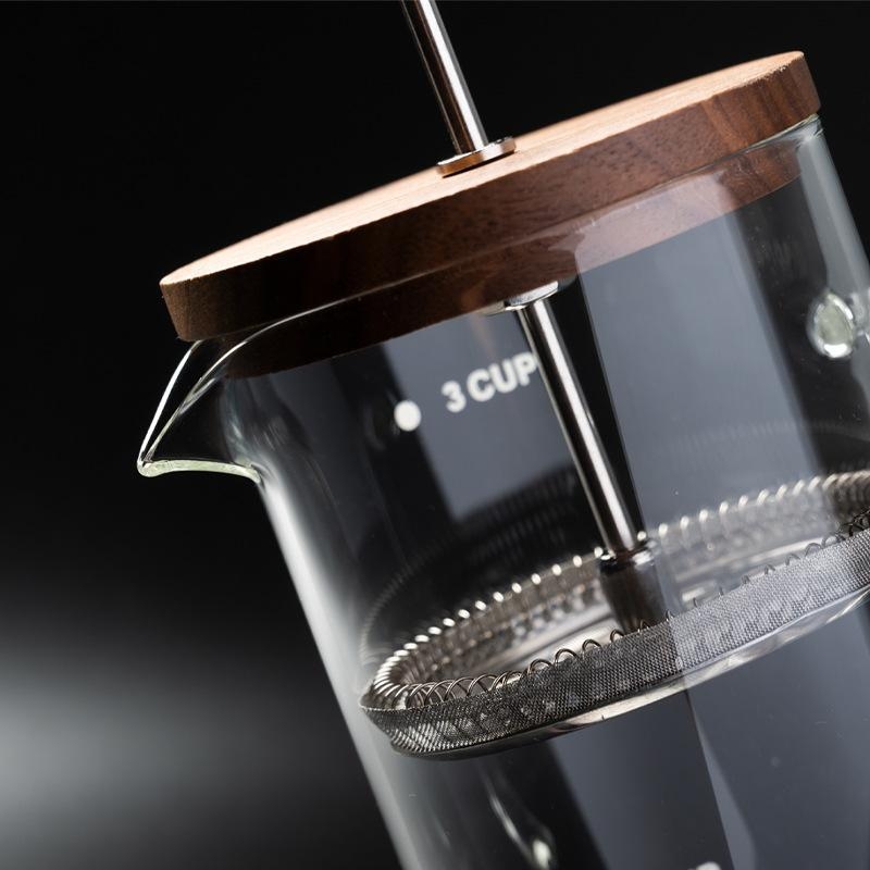 Cafetieră franțuzească cu capac din lemn de nuc, corp din borosilicat de înaltă calitate, set filtru pentru ceai turnat