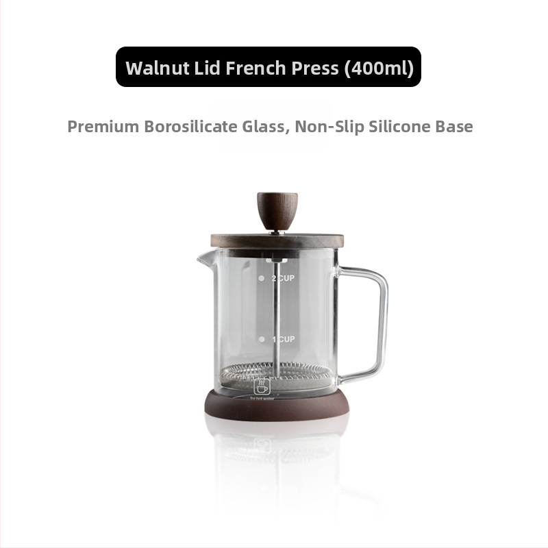 Cafetieră franțuzească cu capac din lemn de nuc, corp din borosilicat de înaltă calitate, set filtru pentru ceai turnat