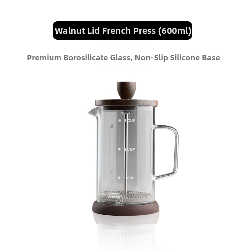 Cafetieră franțuzească cu capac din lemn de nuc, corp din borosilicat de înaltă calitate, set filtru pentru ceai turnat