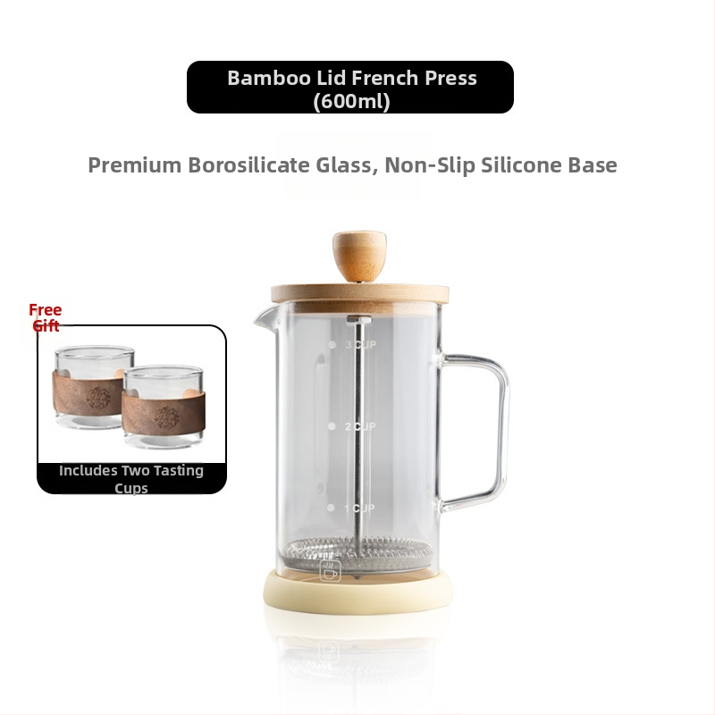 Cafetieră franțuzească cu capac din lemn de nuc, corp din borosilicat de înaltă calitate, set filtru pentru ceai turnat