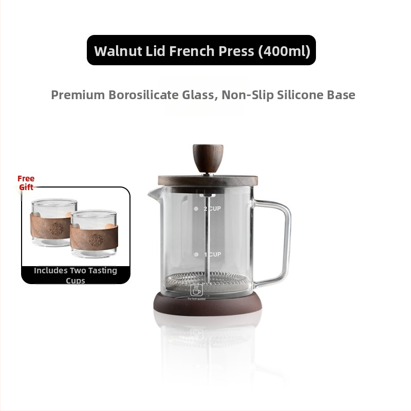 Cafetieră franțuzească cu capac din lemn de nuc, corp din borosilicat de înaltă calitate, set filtru pentru ceai turnat