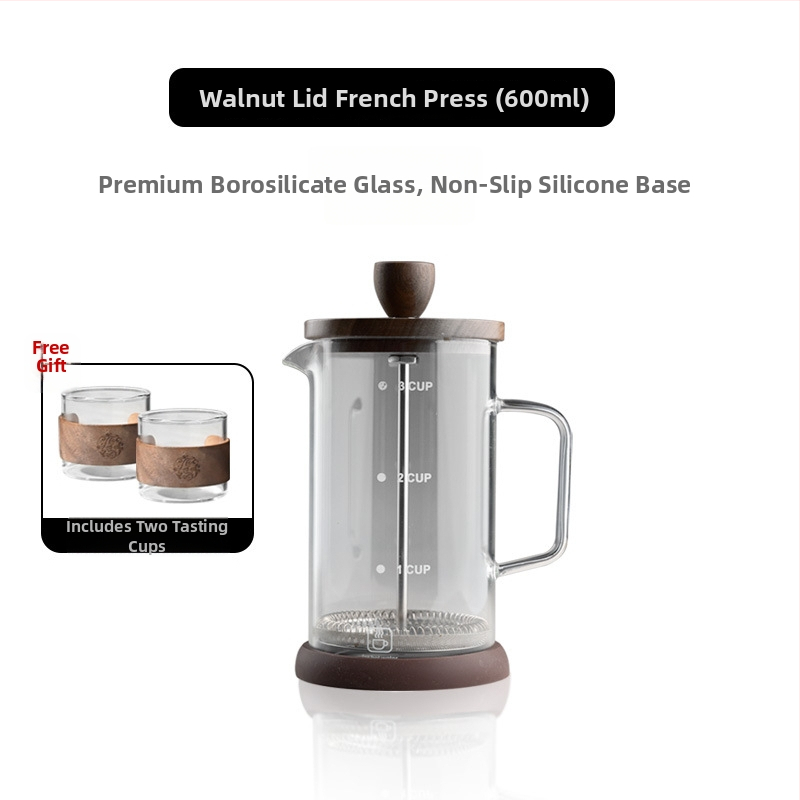 Cafetieră franțuzească cu capac din lemn de nuc, corp din borosilicat de înaltă calitate, set filtru pentru ceai turnat