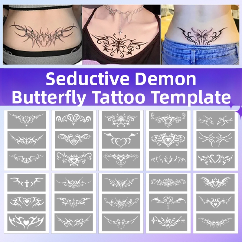 Succubus šablóna s vyrezanými otvormi, zosilnené sprejové tetovanie album — motýľ, srdce, zakrytie nedostatkov; kľúčová kosť, dolný chrbát, dolné brucho; unisex