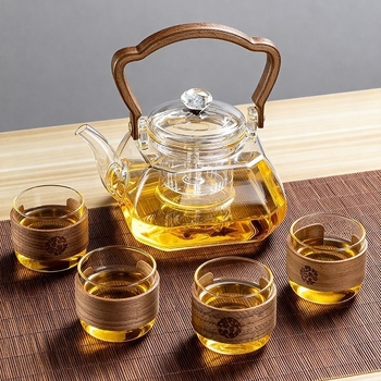 Ceainic din sticlă borosilicată, cu mâner pentru ridicare, pentru prepararea ceaiului pe aragaz, uz casnic