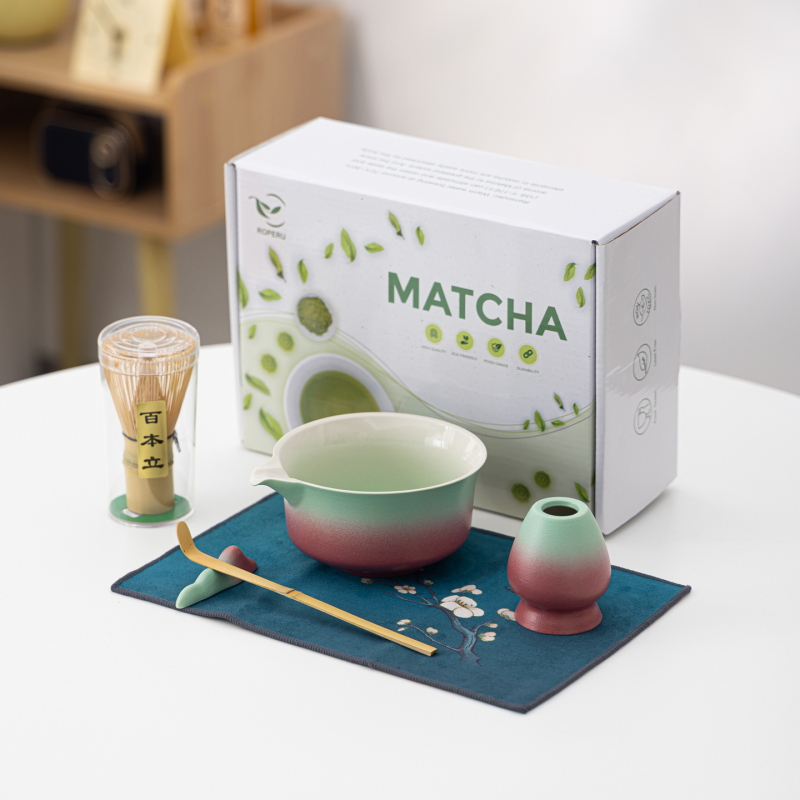Set pentru ceremonia ceaiului în stil chinezesc cu bol de matcha în gradient, perie pentru ceai și amestecător, ceramică personalizabilă