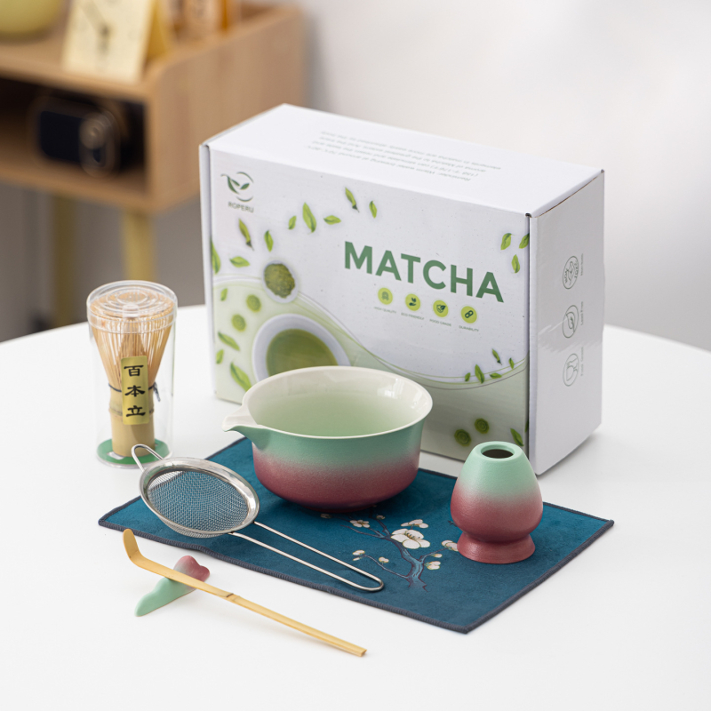 Set pentru ceremonia ceaiului în stil chinezesc cu bol de matcha în gradient, perie pentru ceai și amestecător, ceramică personalizabilă