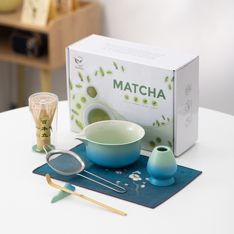 Set pentru ceremonia ceaiului în stil chinezesc cu bol de matcha în gradient, perie pentru ceai și amestecător, ceramică personalizabilă