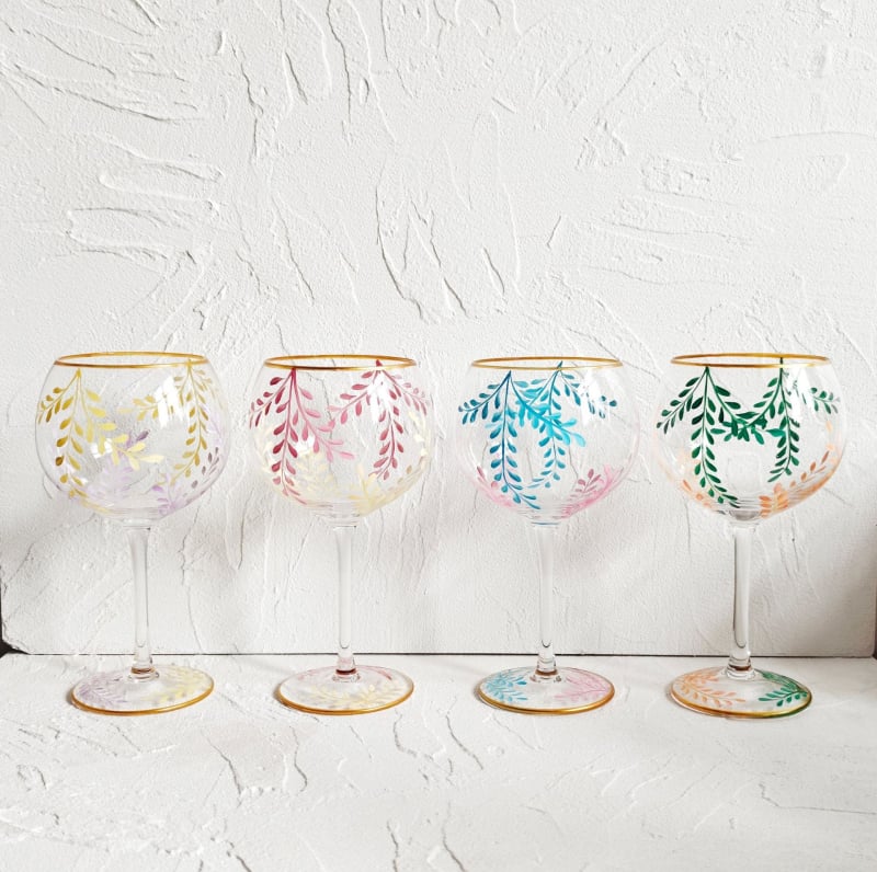 Pahar de vin pictat manual, capacitate 401-500 ml, pahar cu tulpină înaltă, sticlă de înaltă calitate, stil Bloom modern
