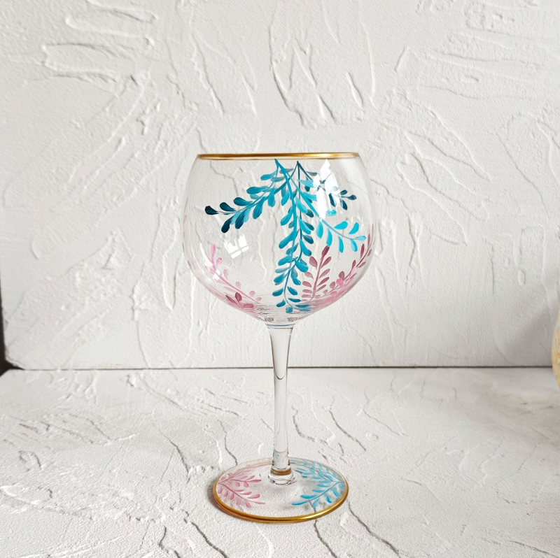 Pahar de vin pictat manual, capacitate 401-500 ml, pahar cu tulpină înaltă, sticlă de înaltă calitate, stil Bloom modern