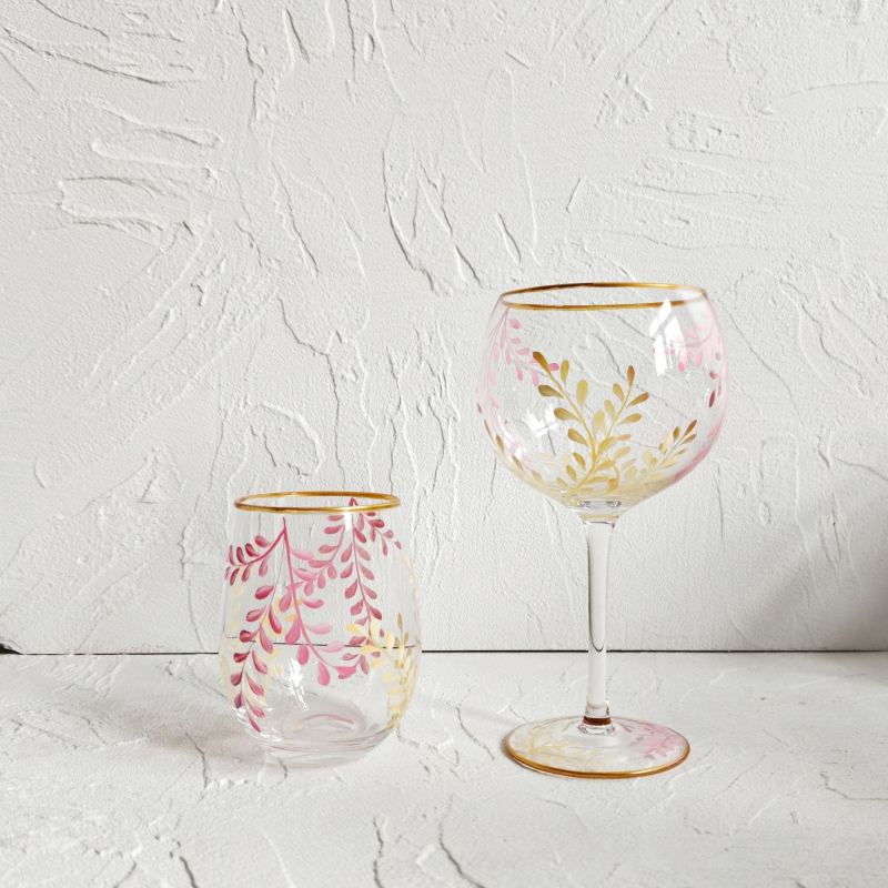 Pahar de vin pictat manual, capacitate 401-500 ml, pahar cu tulpină înaltă, sticlă de înaltă calitate, stil Bloom modern