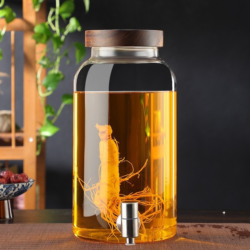 Sticlă din sticlă borosilicată cu robinet pentru infuzarea vinului, borcan sigilat din sticlă pentru vin medicinal cu ginseng