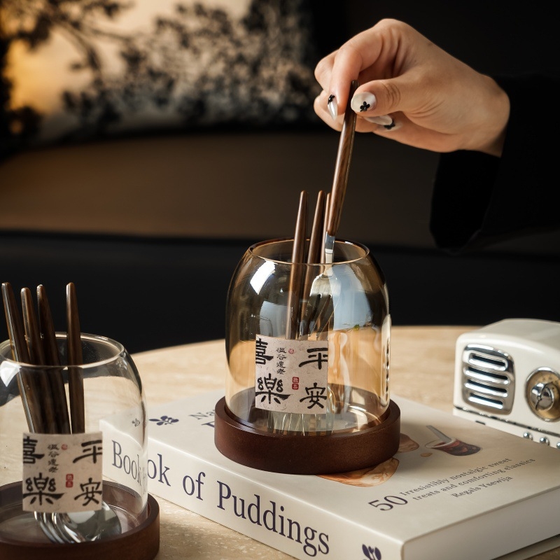 Set japonez stil retro cu borcan de stocare din sticlă pentru fructe, tacâmuri din oțel inoxidabil 304: furculițe și linguri, cu mânere din lemn
