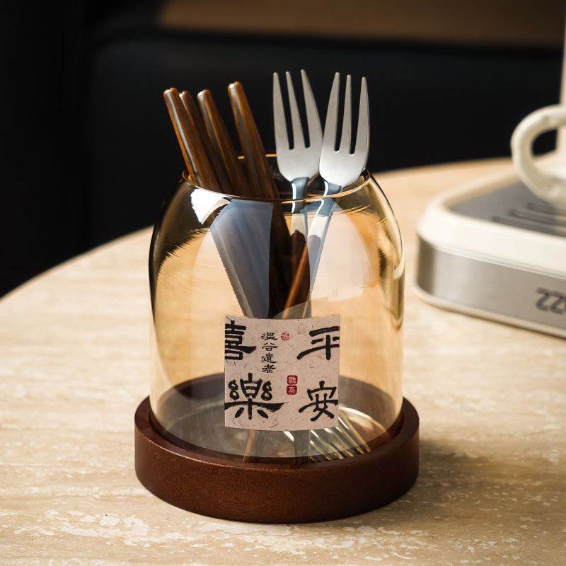 Set japonez stil retro cu borcan de stocare din sticlă pentru fructe, tacâmuri din oțel inoxidabil 304: furculițe și linguri, cu mânere din lemn