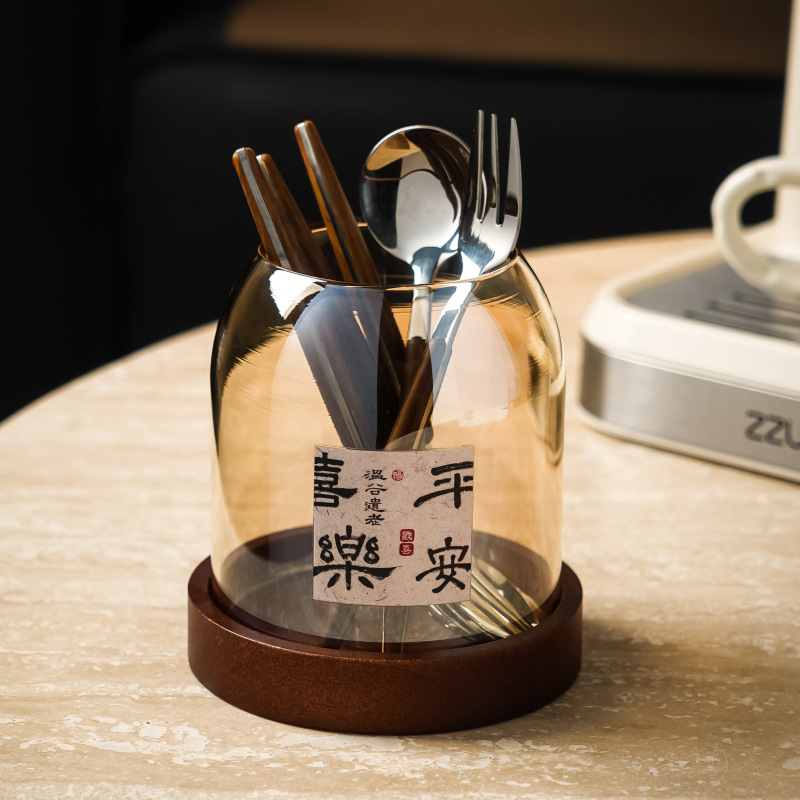 Set japonez stil retro cu borcan de stocare din sticlă pentru fructe, tacâmuri din oțel inoxidabil 304: furculițe și linguri, cu mânere din lemn