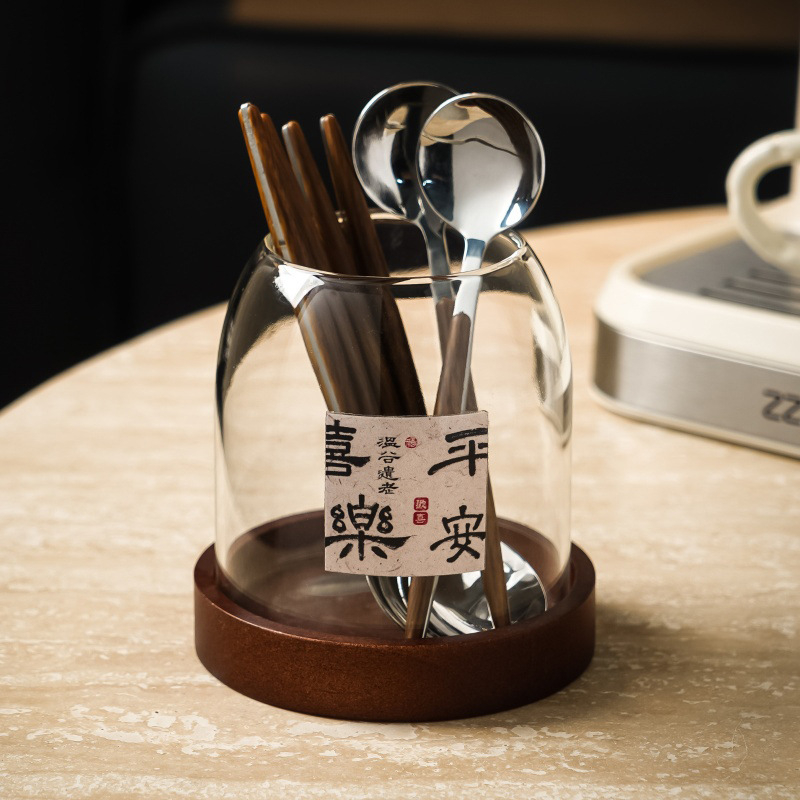 Set japonez stil retro cu borcan de stocare din sticlă pentru fructe, tacâmuri din oțel inoxidabil 304: furculițe și linguri, cu mânere din lemn