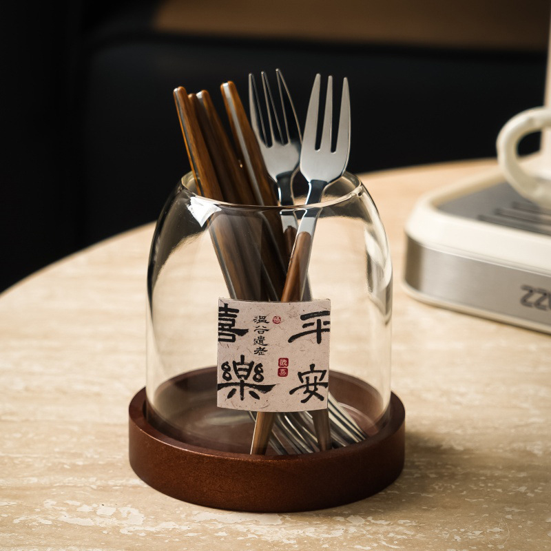 Set japonez stil retro cu borcan de stocare din sticlă pentru fructe, tacâmuri din oțel inoxidabil 304: furculițe și linguri, cu mânere din lemn