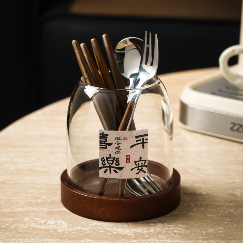 Set japonez stil retro cu borcan de stocare din sticlă pentru fructe, tacâmuri din oțel inoxidabil 304: furculițe și linguri, cu mânere din lemn