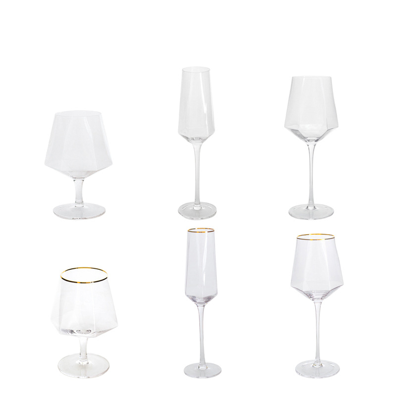 Pahar de vin din cristal cu design hexagonal diamantat, margine aurită, transparent, 301–400 ml, stil modern minimalist