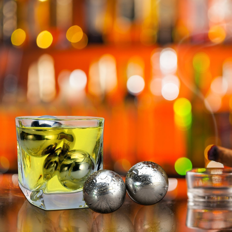 Bilă de gheață din oțel inoxidabil 304, diametrul 25.4 mm, pentru whisky – piatră metalică de bar
