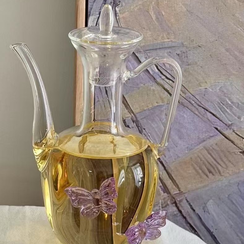 Ceainier în stil chinezesc nou, cu fluture și set de cești, pahare înalte, sticlă borosilicat transparentă, 201–300 ml, 2 bucăți