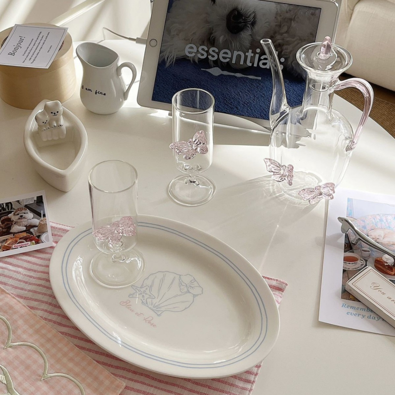 Ceainier în stil chinezesc nou, cu fluture și set de cești, pahare înalte, sticlă borosilicat transparentă, 201–300 ml, 2 bucăți