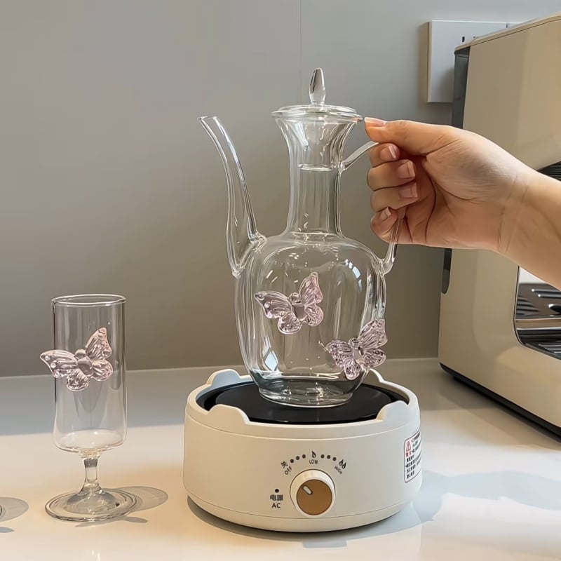 Ceainier în stil chinezesc nou, cu fluture și set de cești, pahare înalte, sticlă borosilicat transparentă, 201–300 ml, 2 bucăți