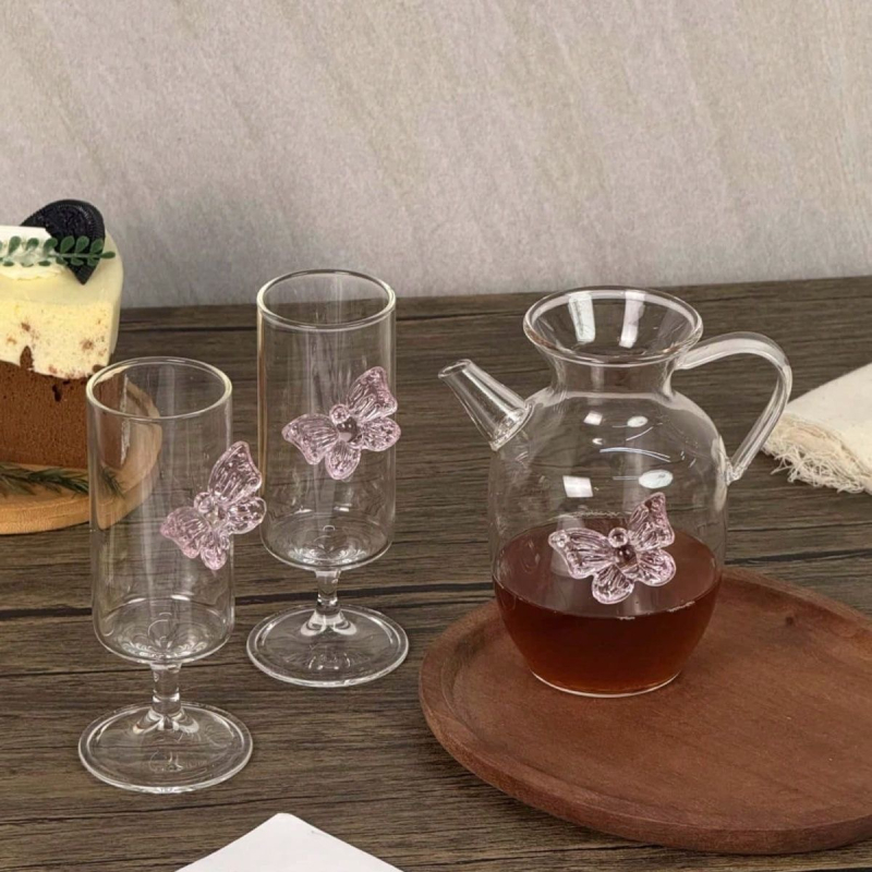 Ceainier în stil chinezesc nou, cu fluture și set de cești, pahare înalte, sticlă borosilicat transparentă, 201–300 ml, 2 bucăți