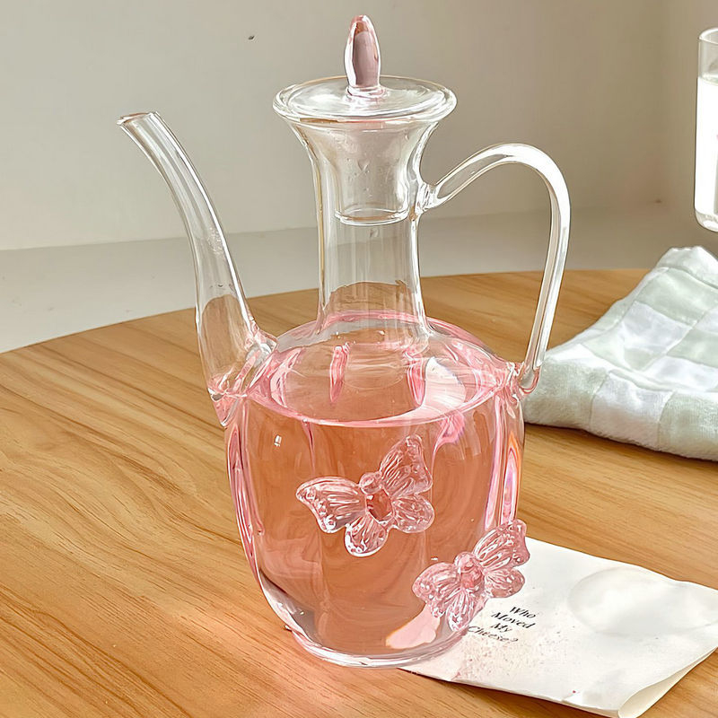 Ceainier în stil chinezesc nou, cu fluture și set de cești, pahare înalte, sticlă borosilicat transparentă, 201–300 ml, 2 bucăți