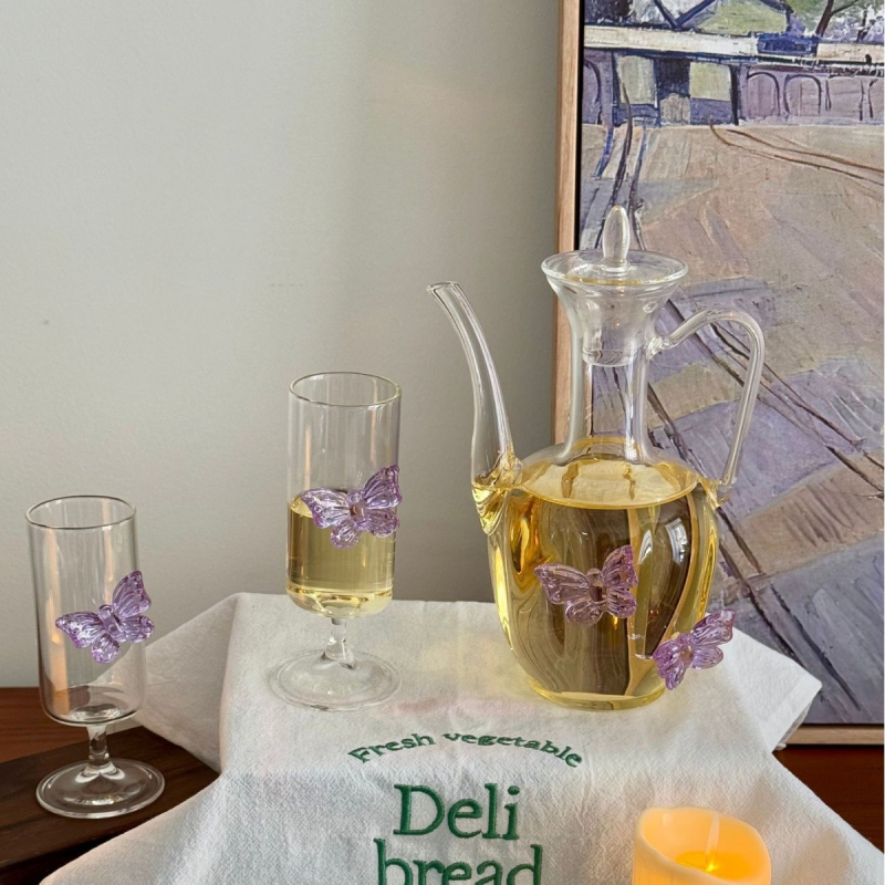 Ceainier în stil chinezesc nou, cu fluture și set de cești, pahare înalte, sticlă borosilicat transparentă, 201–300 ml, 2 bucăți