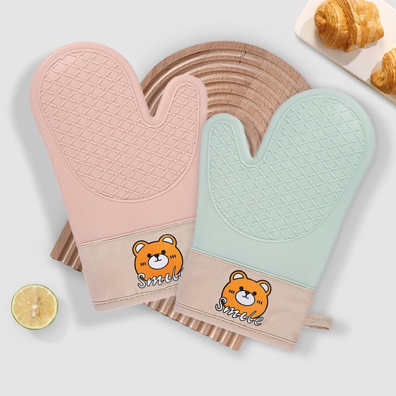 Mănuși termice de bucătărie, cu model urs, din silicon-bumbac, twill pentru cuptor cu microunde