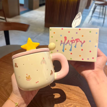 Cana ceramică cu capac, stea drăguță – design desen animat, cadou de ziua de naștere, suvenir pentru fete