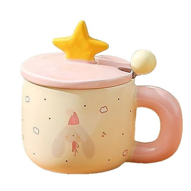Cana ceramică cu capac, stea drăguță – design desen animat, cadou de ziua de naștere, suvenir pentru fete