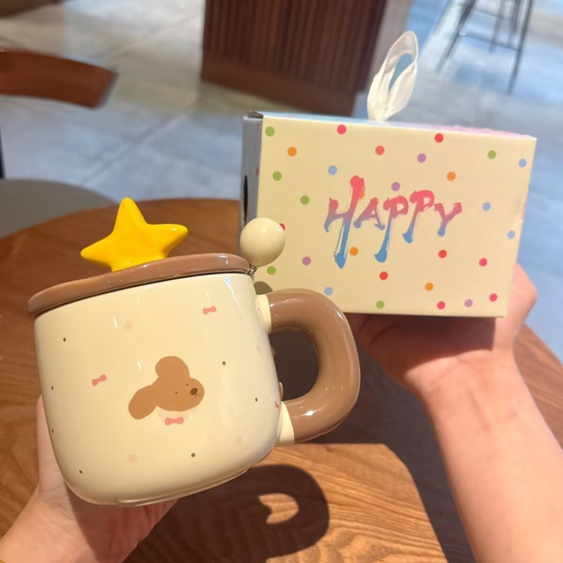Cana ceramică cu capac, stea drăguță – design desen animat, cadou de ziua de naștere, suvenir pentru fete