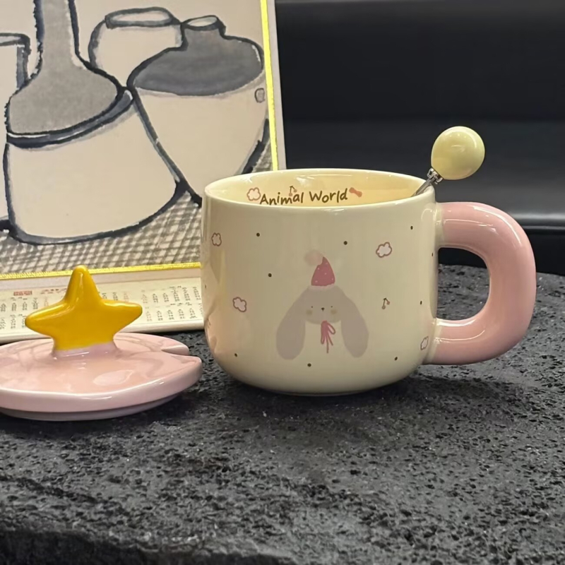 Cana ceramică cu capac, stea drăguță – design desen animat, cadou de ziua de naștere, suvenir pentru fete