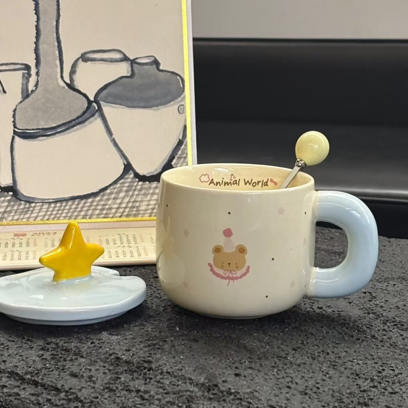Cana ceramică cu capac, stea drăguță – design desen animat, cadou de ziua de naștere, suvenir pentru fete