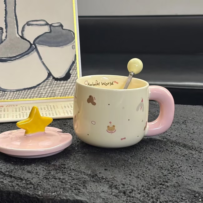 Cana ceramică cu capac, stea drăguță – design desen animat, cadou de ziua de naștere, suvenir pentru fete