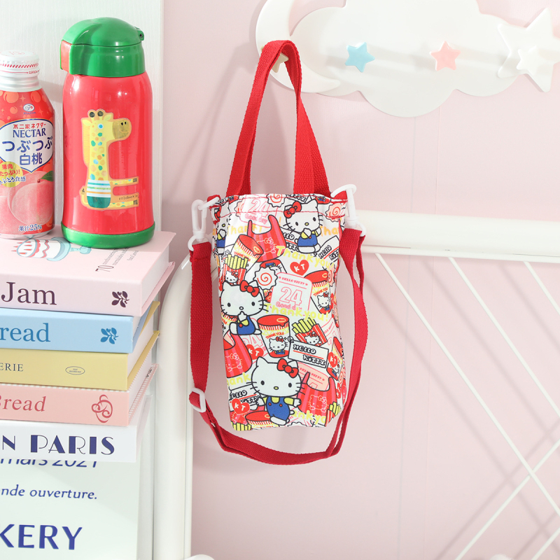 Desen animat japonez în stil japonez cu Kuromi monstru pește, geantă din pânză pentru sticla de apă, curea crossbody și mâner, utilizare duală pentru ieșiri