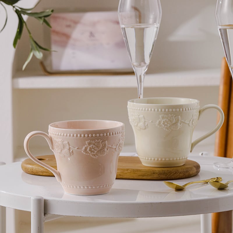 Ceașcă ceramică cu relief, design elegant, stil franțuzesc pentru cupluri, ceașcă de mic dejun