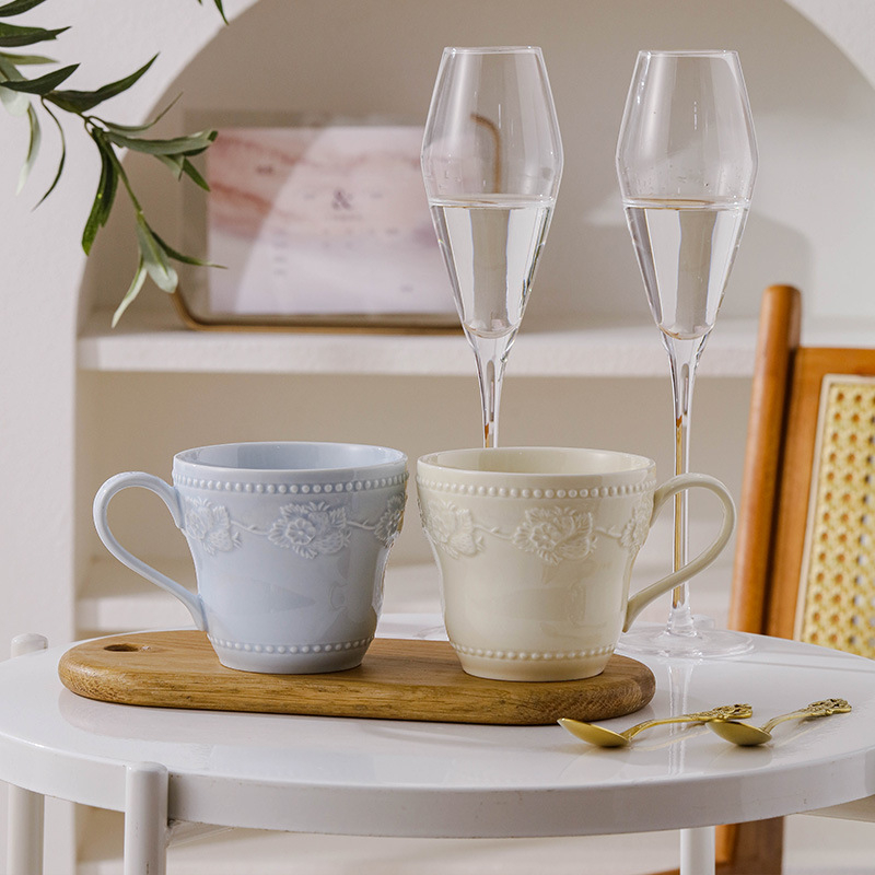 Ceașcă ceramică cu relief, design elegant, stil franțuzesc pentru cupluri, ceașcă de mic dejun