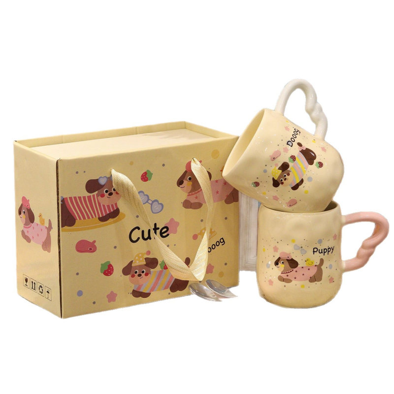 Cană ceramică Dachshund cu capac și linguriță, design drăguț