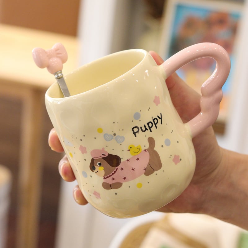 Cană ceramică Dachshund cu capac și linguriță, design drăguț