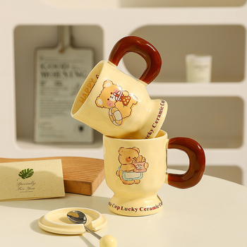 Cană de cafea ceramică cu capac și lingură, ursuleț desen animat