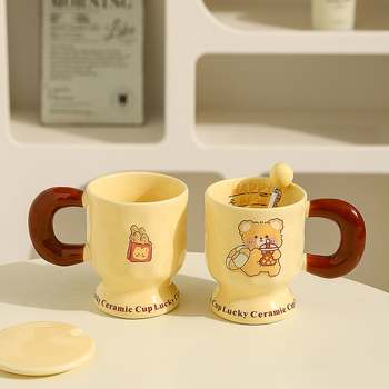 Cană de cafea ceramică cu capac și lingură, ursuleț desen animat